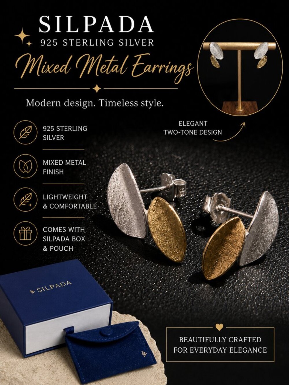 Silpada 925 Sterling Silver Mixed Metal Leaf Stud Earrings NIB Box & Pouch
